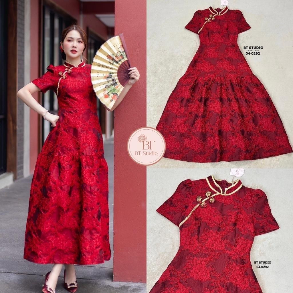 M.shop (พร้อมส่ง) BT141 04-0292  เดรสยาวแขนสั้นแต่งคอจีนแต่งกุ้นขอบทองแต่งกระดุมจีน