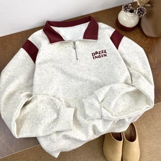 VELIN M-2XL Half Zip Sweater For Women Korean Embroidery Polo Neck Long Sleeve Crop Sweatshirt