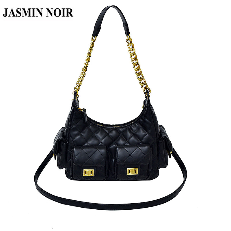 Jasmin NOIR PU หนังลายสก๊อต Quilted ล็อคผู้หญิงกระเป๋าถือไหล่กระเป๋า Niche design high-end multi-pocket rhombus chain combuting น้ํา Retro Casual Hobos Crossbody กระเป๋า