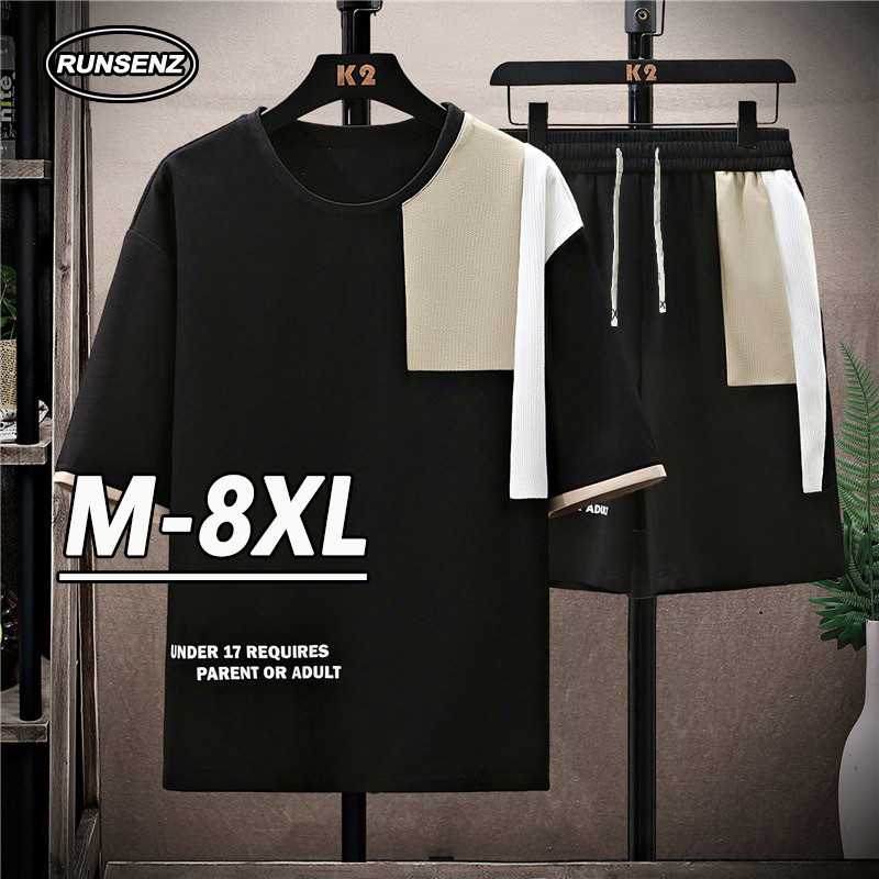 M-8xl แฟชั่นเกาหลีชุดลําลองผู้ชายพลัสขนาดแขนสั้นเสื้อยืด + กางเกงขาสั้น