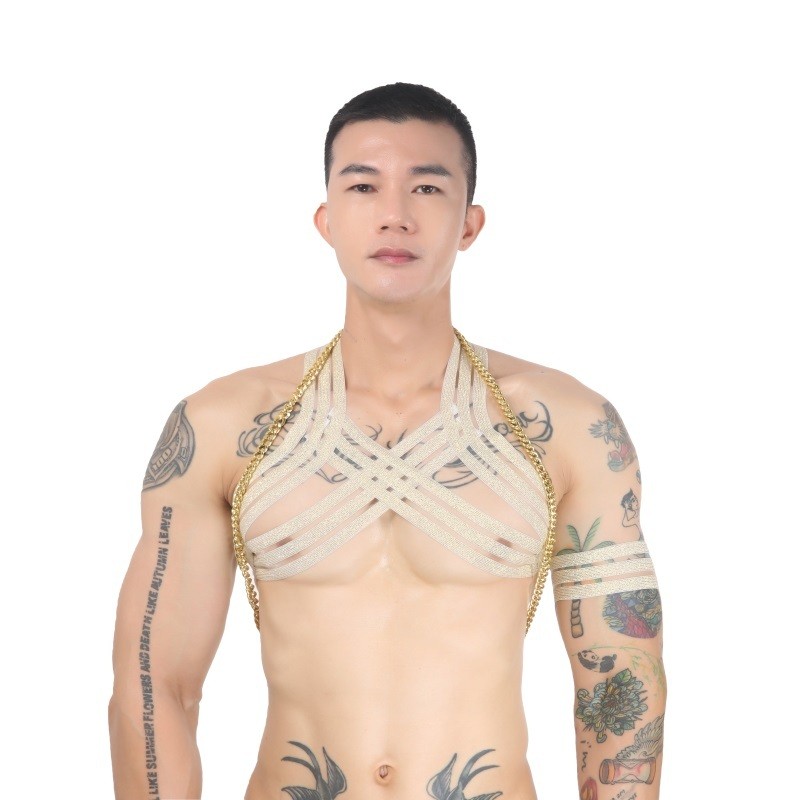 ผู้ชายเซ็กซี่สายรัดหน้าอกโหลออกเชือกแขวนคอข้ามทาสเครื่องแต รูปที่ 7