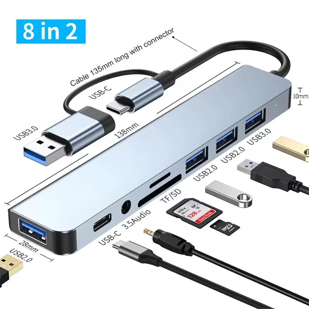 8 in 1 อะแดปเตอร์ฮับ USB+Type C HUB USB C เป็น USB 3.0 การ์ดรีดเดอร์ SD TF pd HUB 3.5 มม.สำหรับโทรศัพท์ม