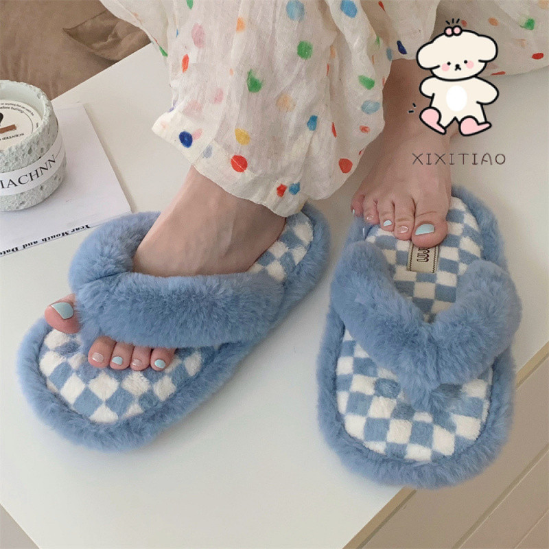 Xixixitiao ฤดูใบไม้ร่วงฤดูหนาวสไตล์ใหม่ Checkerboard Soft-Soled รองเท้าผ้าฝ้ายสุภาพสตรีบ้านกลางแจ้งสวมใส่ Plush Flip-Flops
