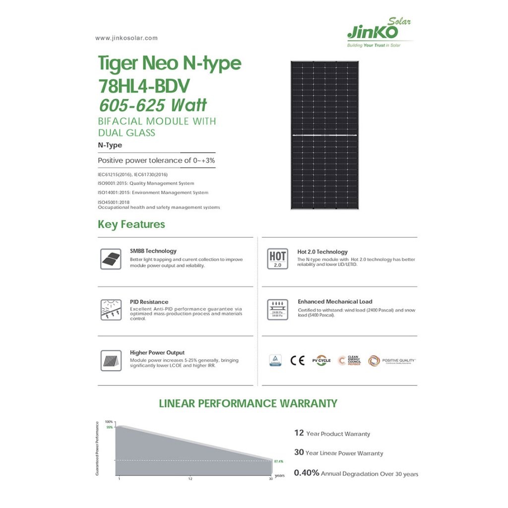 10KW 16แผง Solar Panel Bifacial (แผงสองหน้า) Jinko Tiger Neo 630W N type แผงโซล่าร์เซลล์