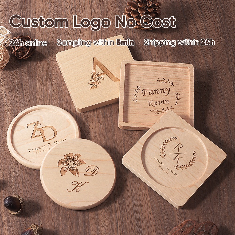 1pcs ฟรีโลโก้ที่กําหนดเองวอลนัทไม้ Coaster Beech ทนทานชากาแฟถ้วย 8.8 ซม./3.36in ของขวัญแต่งงาน – โปรปัง