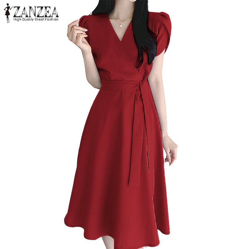 Zanzea ชุดเดรสคอวีแขนสั้นลําลองเกาหลีสําหรับผู้หญิง