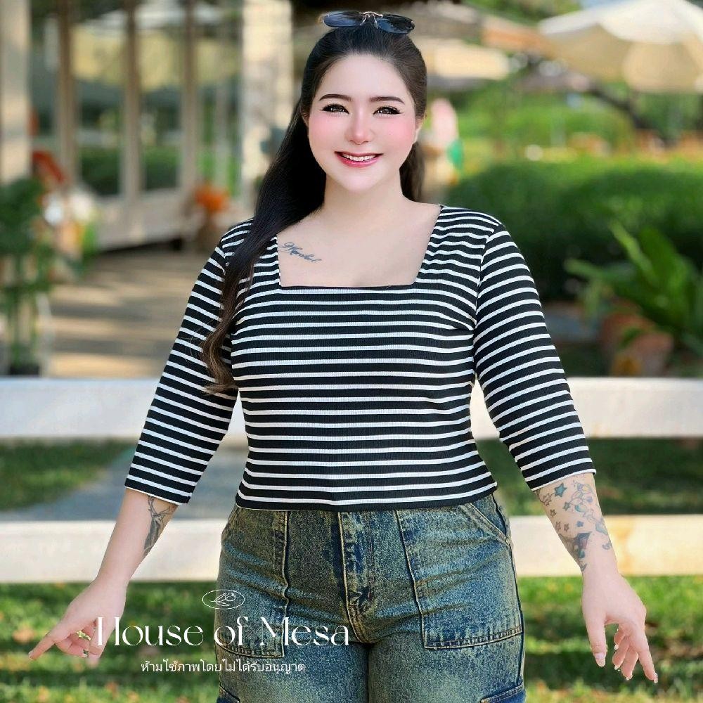 Plussize เสื้อครอปคอเหลี่ยมลายริ้ว เสื้อสาวอวบ อก 38-52นิ้ว