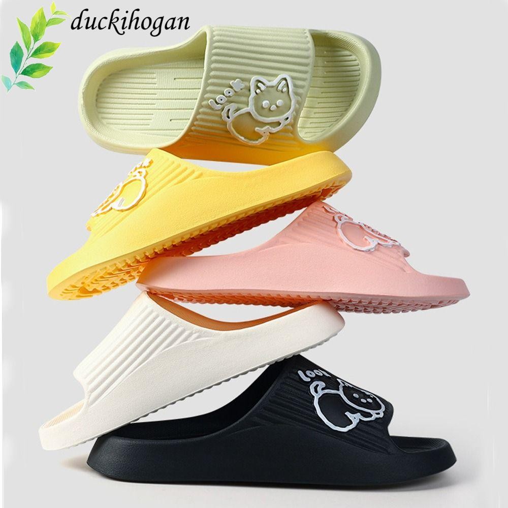 Duckihogan รองเท้าแตะผู้หญิง, รองเท้าแตะส้นแบนลายแมว EVA, แฟชั่นรองเท้าลําลองสีทึบกันลื่นแบบนุ่มรองเท้าเดินกลางแจ้ง