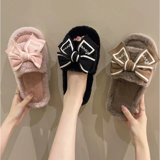Yuki🎀SH-1-30 รองเท้าสลิปเปอร์ รองเท้าแตะใส่ในบ้าน ขนนุ่ม แต่งโบว์ใหญ่น่ารักไฮโซ