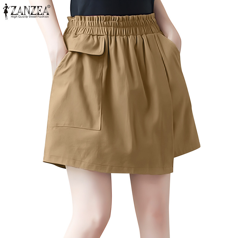 ZANZEA ใส่ ซานเซีย ผู้หญิงเกาหลีสบายๆเอวยางยืดเท็จสองกับกระเป๋ากางเกงขาสั้น