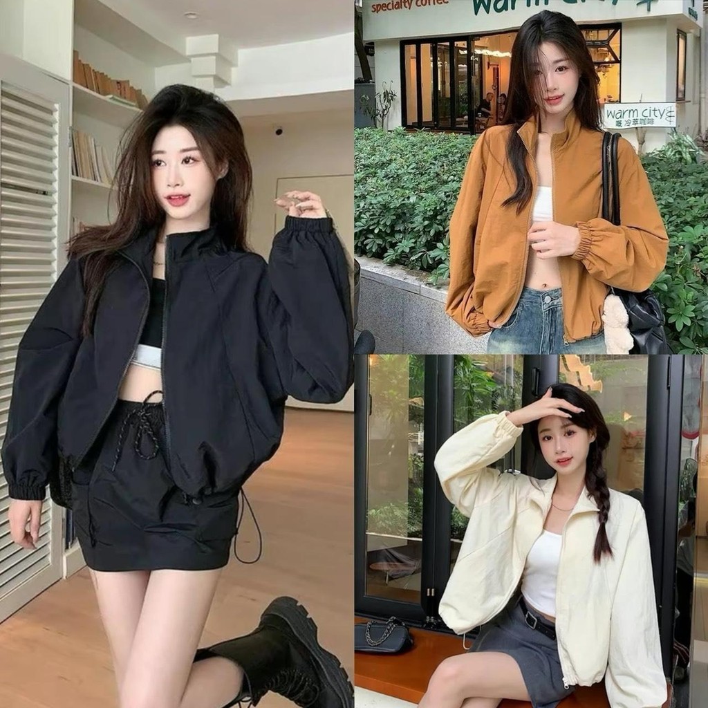 เสื้อคลุม แจ็คเก็ตผ้าร่ม K10 ทรงสวย ใส่สบาย ด้านในมีกระเป๋าใส่ของได้ กันลมแดด รูดเชือกจั๊มเอวได้ พร้อมส่ง