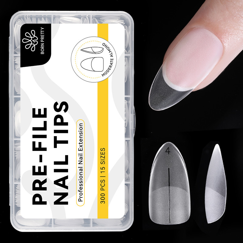 Born PRETTY 300 ชิ้น/กล่องขนาดกลาง-ยาวอัลมอนด์เล็บเคล็ดลับครึ่ง Matte เล็บปลอมเล็บปลอม 15 ขนาด Pre-shape เล็บใสเคล็ดลับ