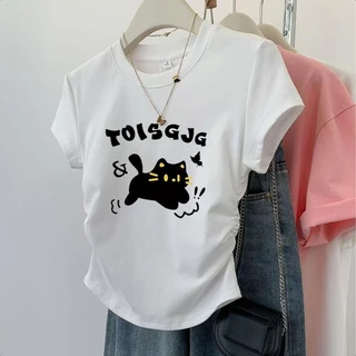 เสื้อยืดแฟชั่นเกาหลีแขนสั้น เสื้อรัดรูปสีขาว เสื้อยืดผู้หญิงน่ารักๆ คอกลม เสื้อยืดผู้หญิง พิมพ์ลาย สไตล์ลำลอง