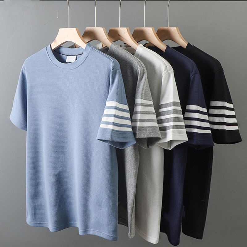 เอร์เชนชิ ผู้ชายแขนสั้นวาฟเฟิลแขนสั้นหลวมกระชับสบายๆเสื้อยืดสีทึบเสื้อกันหนาวลายเสื้อยืดแขน