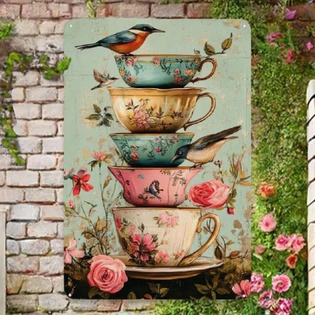 Vintage Bird & ดอกไม้ถ้วยชาป้ายโลหะ Rustic Symphony Hummingbird เหล็ก Plaque Wall Art สําหรับ Home ไม่มีไฟฟ้าต้องการ