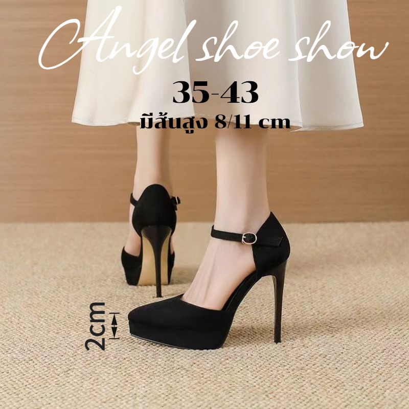 รองเท้าคัทชู ส้นสูง รัดข้อ สีดำ หนังเรียบหรู 35-43 มีส้นสูง 8 / 11cm