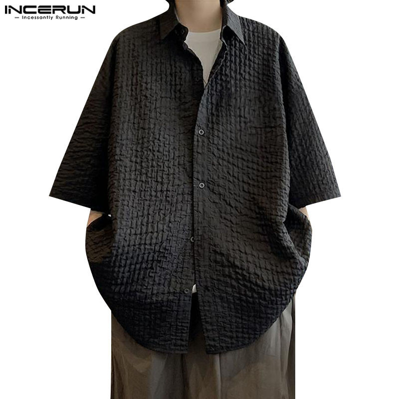 Incerun เสื้อเชิ้ตแขนสั้น คอปก จับจีบ สีพื้น สไตล์เกาหลี สําหรับผู้ชาย