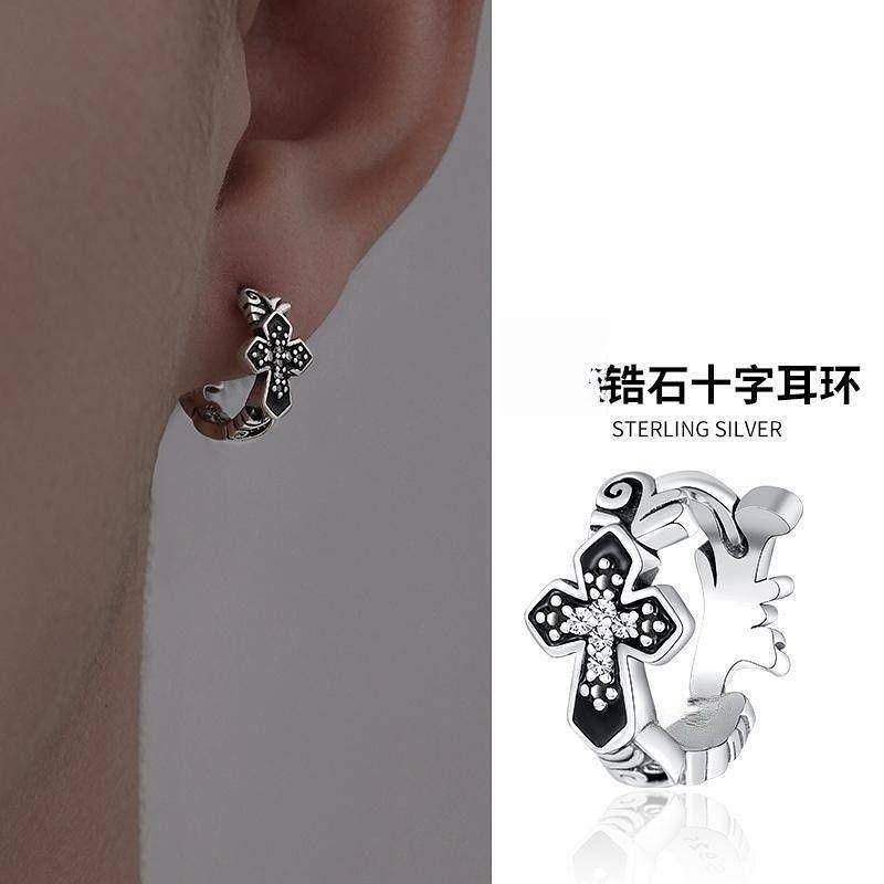 Earrings Men's Retro High-Grade Zircon Cross Ear Clip Rack Personalized Niche Design Boys Earrings 5nvX