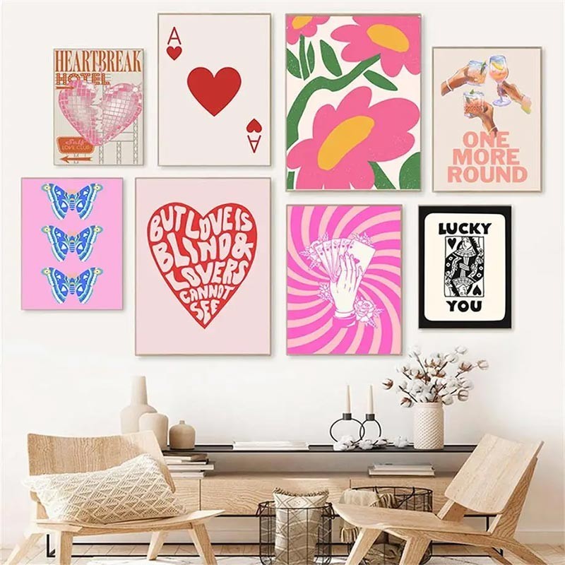 ค็อกเทลเชอร์รี่ความงามผ้าใบภาพวาดสีชมพู Disco Love ดอกไม้ Wall Art Nordic ตกแต่งบ้านห้องนอน Frameless โปสเตอร์
