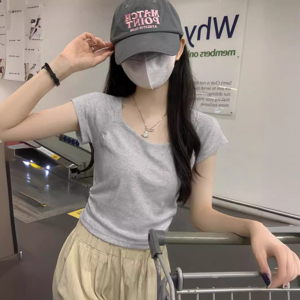 【WJZ】เสื้อยืดคอเหลี่ยมแขนสั้นสีพื้นสไตล์เกาหลีสำหรับผู้หญิง【T35】