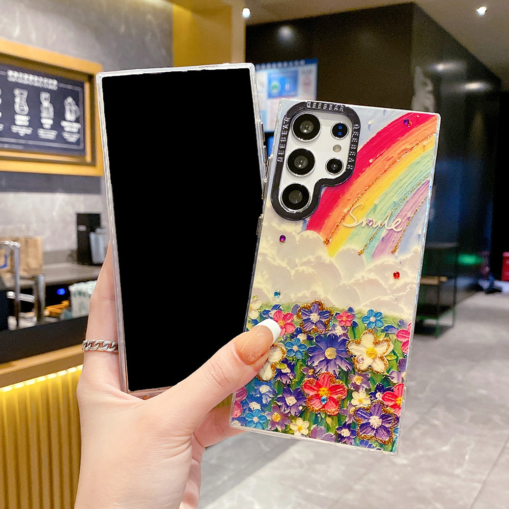 เคสโทรศัพท์มือถือ ซิลิโคนนิ่ม TPU กันกระแทก ลายภาพวาดสีน้ํามัน รูปผีเสื้อ ดอกไม้ พร้อมสายคล้อง และคลิปหนีบ สําหรับ Samsung Galaxy S24 S23 Ultra S23 Plus S24Plus S23Ultra