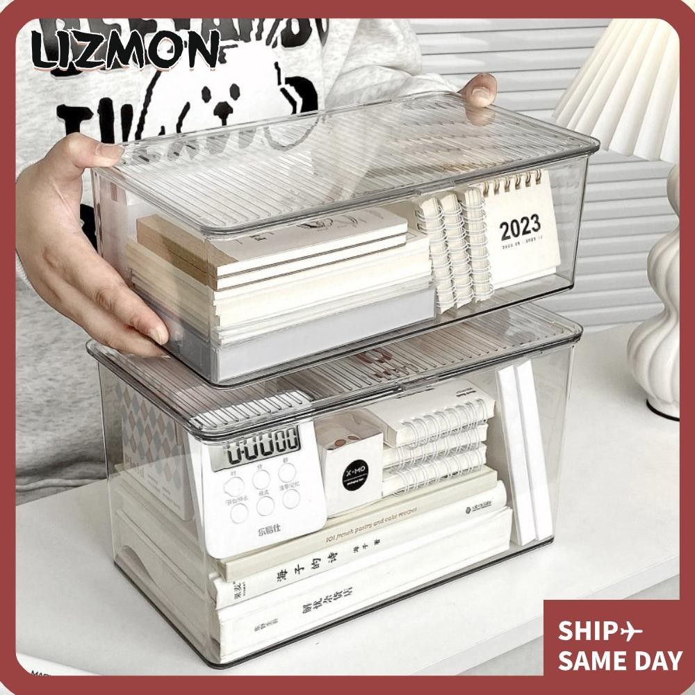 Lizmon กล่องเก็บเครื่องสําอาง เอกสาร แบบตั้งโต๊ะ พร้อมฝาปิด จุของได้เยอะ สีโปร่งใส แฟชั่นสําหรับสํานักงาน