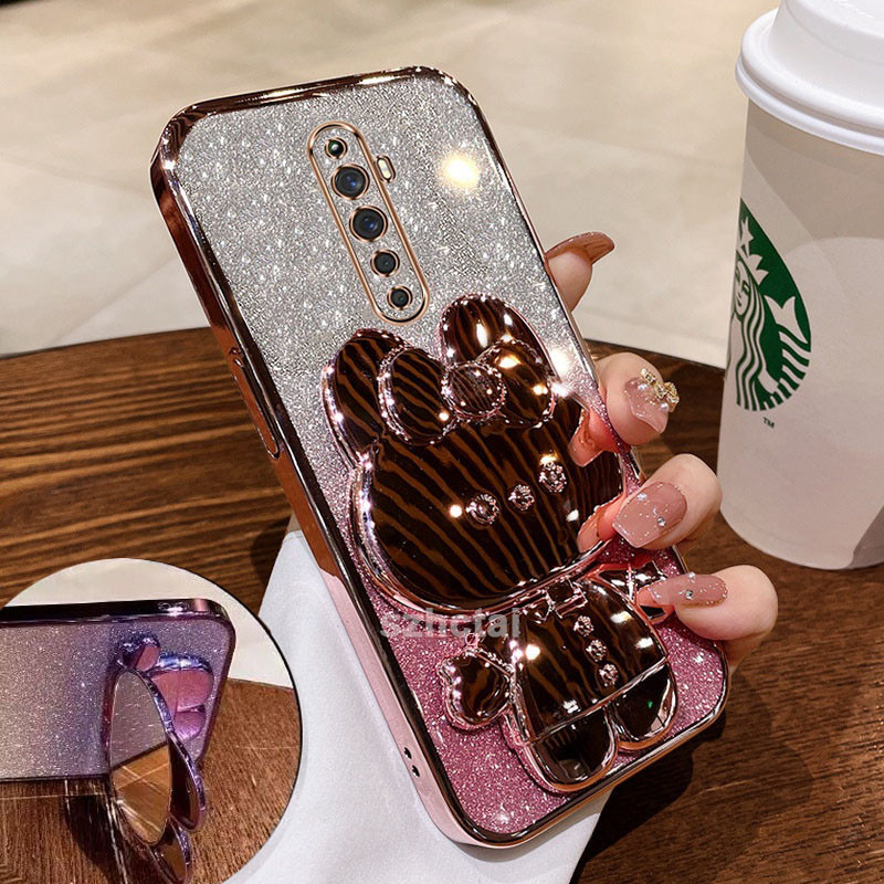 เคส oppo reno 2z reno2 f reno 2 กลิตเตอร์ ขอบตรง ชุบไฟฟ้า พร้อมขาตั้งกระจก รูปกระต่ายน่ารัก เคสโทรศัพท์ oppo reno 2z reno2 f reno 2