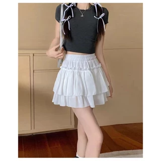 cherryshop🍒พร้อมส่ง กระโปรงสั้น กระโปรงบานผู้หญิง ทรงเค้กเอวยางยืดสไตล์ใหม่ทรงเอเอวสูง สไตล์น่ารัก ใช้งานได้หลากหลาย