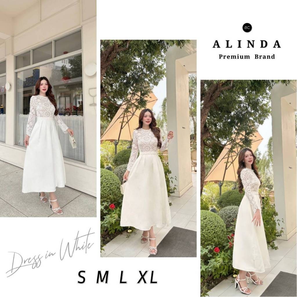 👑👑 S-XL Dress เดรสลูกไม้แขนยาวสีขาว สวยเลอค่าสุดๆค่ะ Alinda