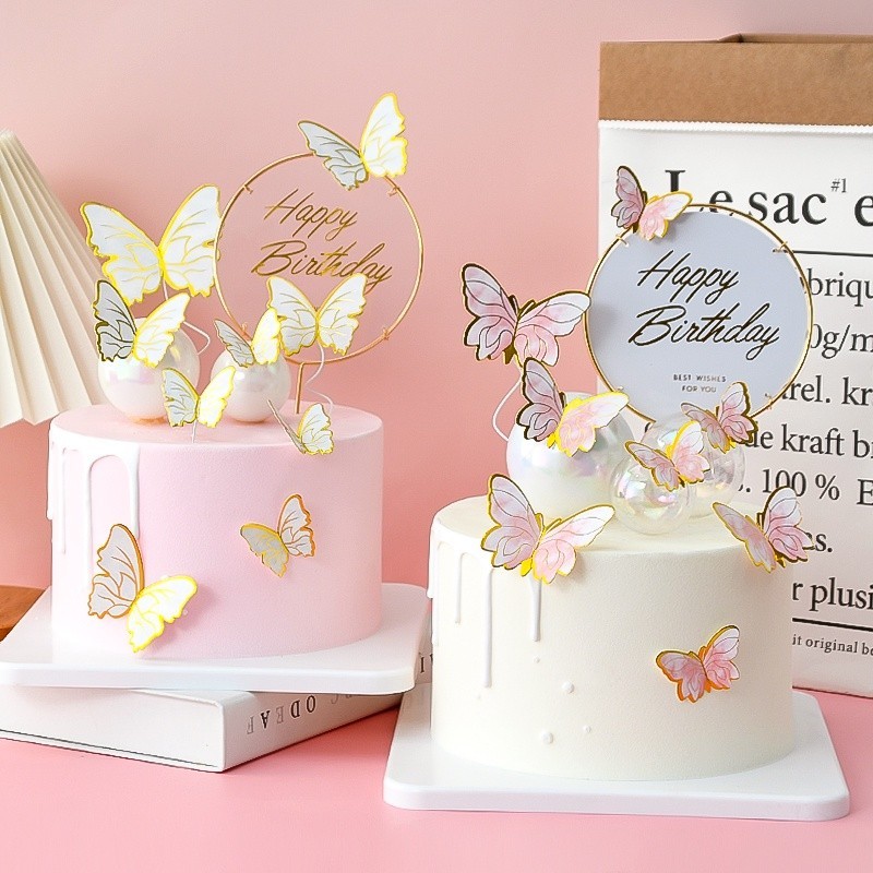 [พร้อมสําหรับการจัดส่ง] 11ชิ้น/เซ็ตสีชมพูผีเสื้อสีม่วงตกแต่งเค้ก ท็อปเปอร์ วันเกิดวันวาเลนไทน์และวันแม่ตกแต่งเค้ก