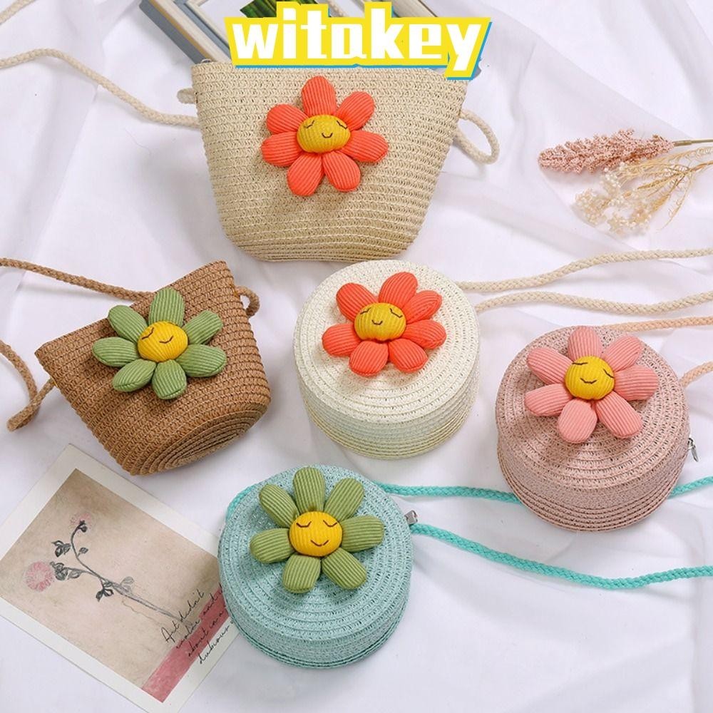 Witakey กระเป๋าฟางสาว, ดอกไม้ซิปเด็กกระเป๋าชายหาด, กระเป๋าใส่เหรียญทอมือ Photo Props กระเป๋าถือ Crossbody