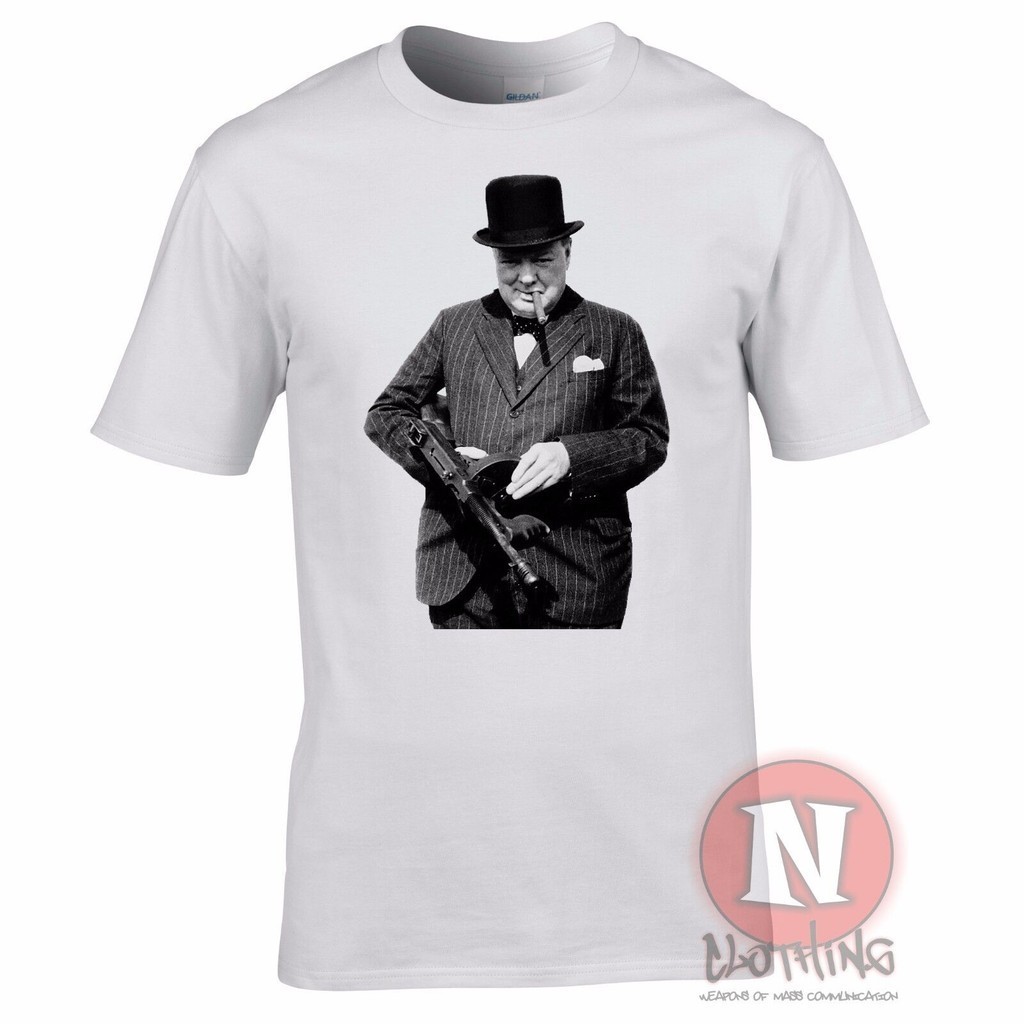 Winston Churchill Machine Gun Ww2 เสื้อยืด World War Two Prime Minister Tee