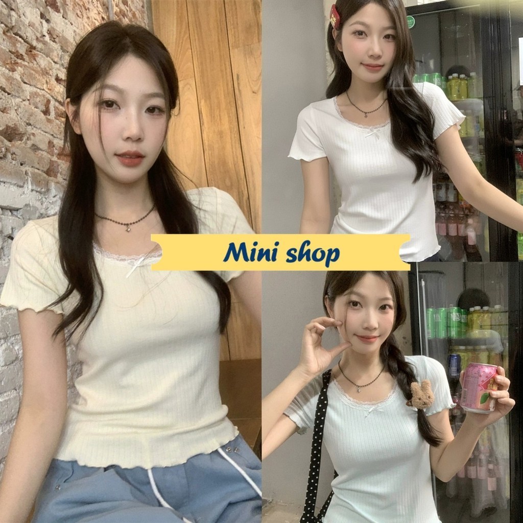 Mini shop🌸พร้อมส่ง🌸 (M067)  เสื้อไหมพรมแขนสั้น คอกลม ผ้าทิ้งตัว ดีเทลขอบลูกไม้