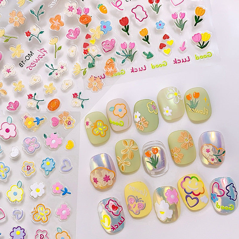สติ๊กเกอร์ติดเล็บดอกไม้สีลูกกวาดน่ารักฤดูร้อนแผ่นแปะเล็บแฟชั่น 3ง สติ๊กเกอร์ติดเล็บอุปกรณ์เสริมสาว
