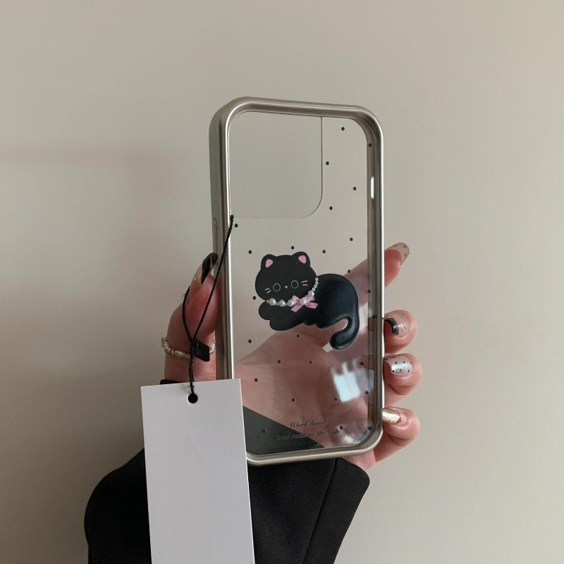 Huiwanju Pearl Black Cat เหมาะสําหรับ iPhone 15 Promax เคสโทรศัพท์ iPhone 14 Promax Hard 13 กรอบเงิน 12 เกาหลี 11 โปร่งใส XSmax ใหม่ 15 Plus Anti Drop