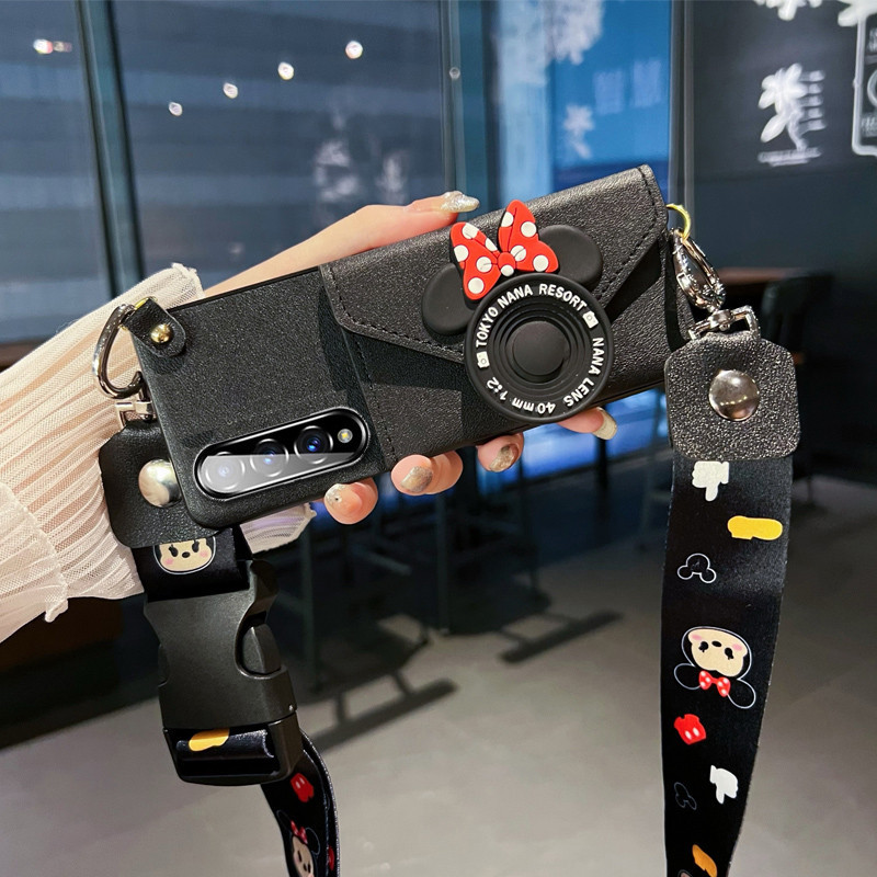Samsung Galaxy Z พับ 8 Ultra 7 6 5 4 3 2 5G สาวแฟชั่นน่ารักการ์ตูน Minnie เปลี่ยนกระเป๋าช่องใส่การ์ด Crossbody สายยาวหนังสีดําเคสโทรศัพท์