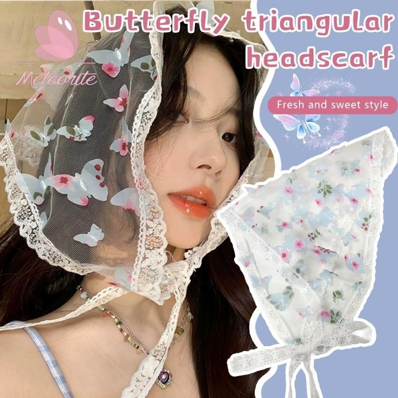 สง่างามผีเสื้อลูกไม้สามเหลี่ยมผ้าพันคอผม-สาวหวานที่มีสีสันไล่โทนสีผีเสื้อดอกไม้ผ้าคลุมศีรษะ-อุปกรณ์ผมเกาหลี