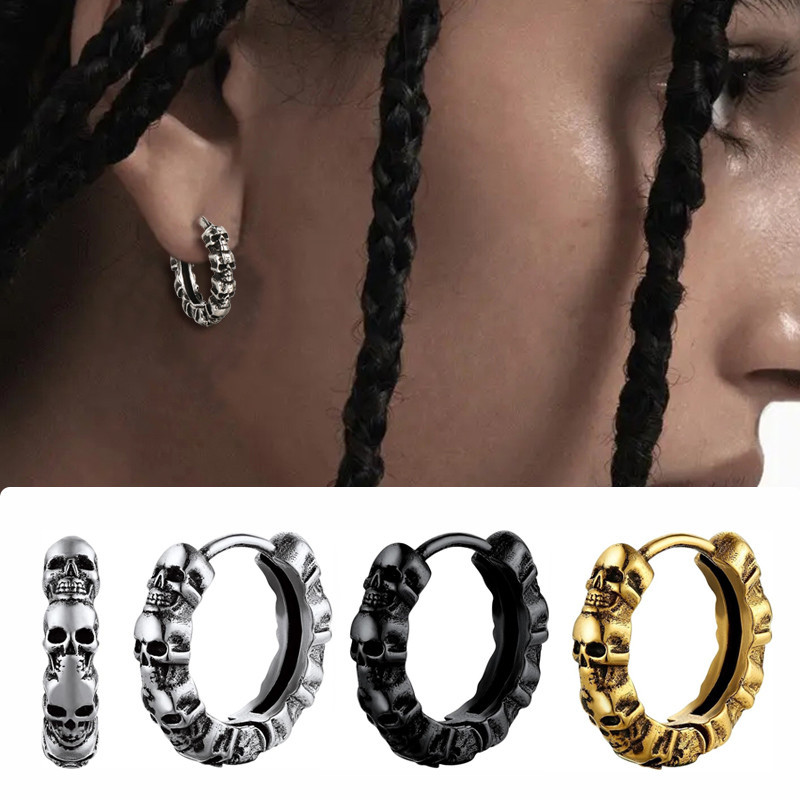 Rock Skull Hoop ต่างหูสําหรับผู้ชายผู้หญิง Hip Hop Punk สไตล์สีทอง Vintage Skeleton ต่างหูเครื่องประดับของขวัญฮาโลวีน OHE188