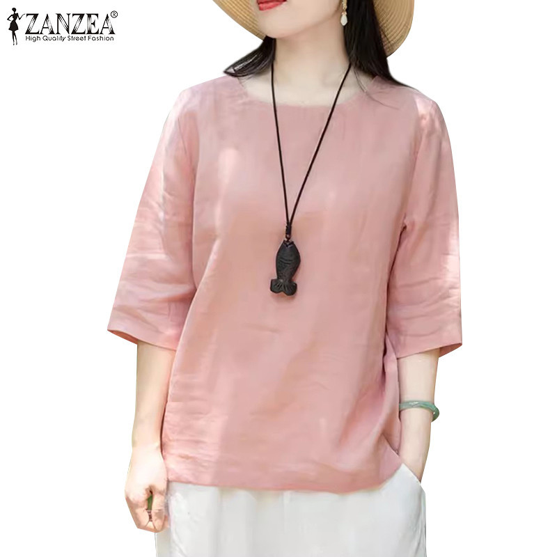 Zanzea ผู ้ หญิงสไตล ์ เกาหลีหลวมสีทึบ O คอสามส ่ วนแขนเสื ้ อลําลอง