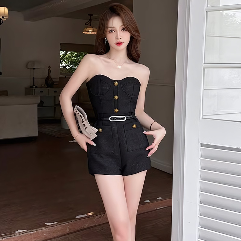 SuySuy พร้อมส่ง เสื้อเกาะอก ชุดจั้ม สุดแซ็กซี่ แซบเวอร์ แต่งกระดุม ผ้าทวิต แถมเข็มขัด สไตล์เกาหลี