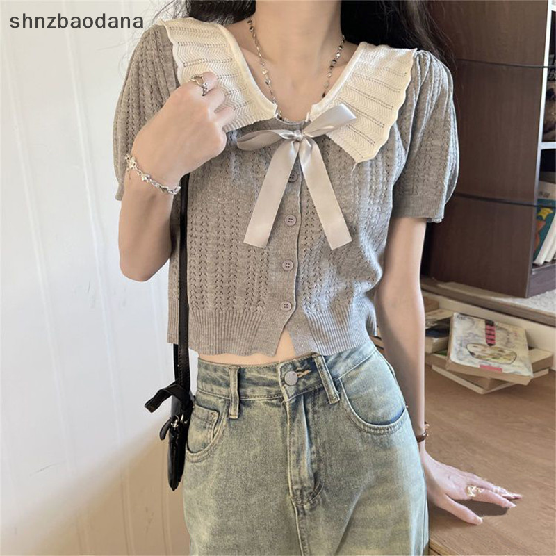 [SHNZAA ] ฤดูร ้ อนตุ ๊ กตาแขนสั ้ นถักเสื ้ อยืดคาร ์ ดิแกนผู ้ หญิง Chic Crop Top FSSG