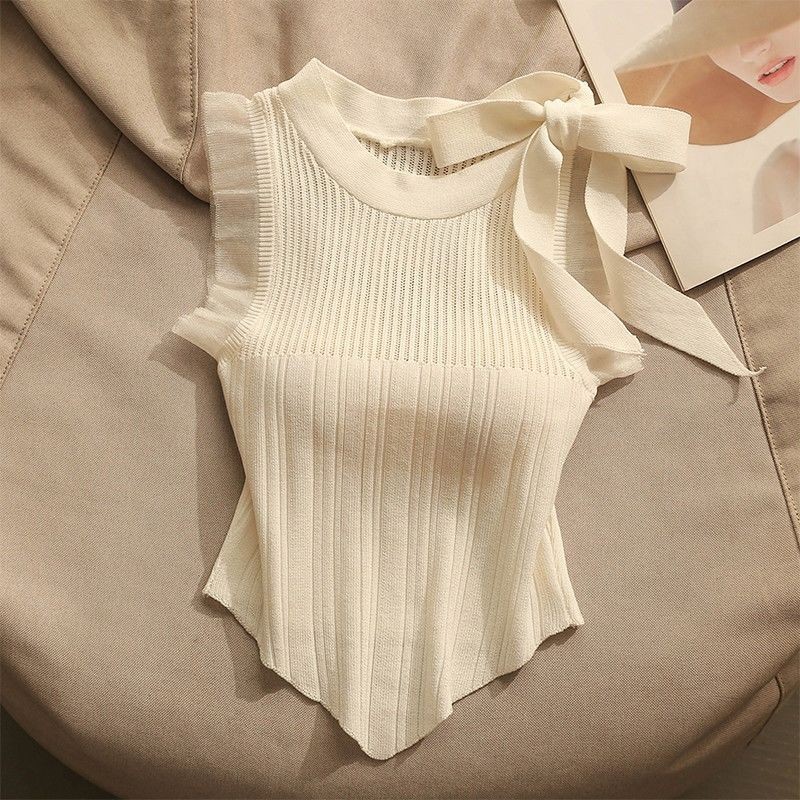 ฤดูร้อนสวมใส่นอกถักเสื้อกั๊กสายเอี๊ยมแขนกุดทรงเข้ารูปโบว์สั้นด้านบนเพรียว