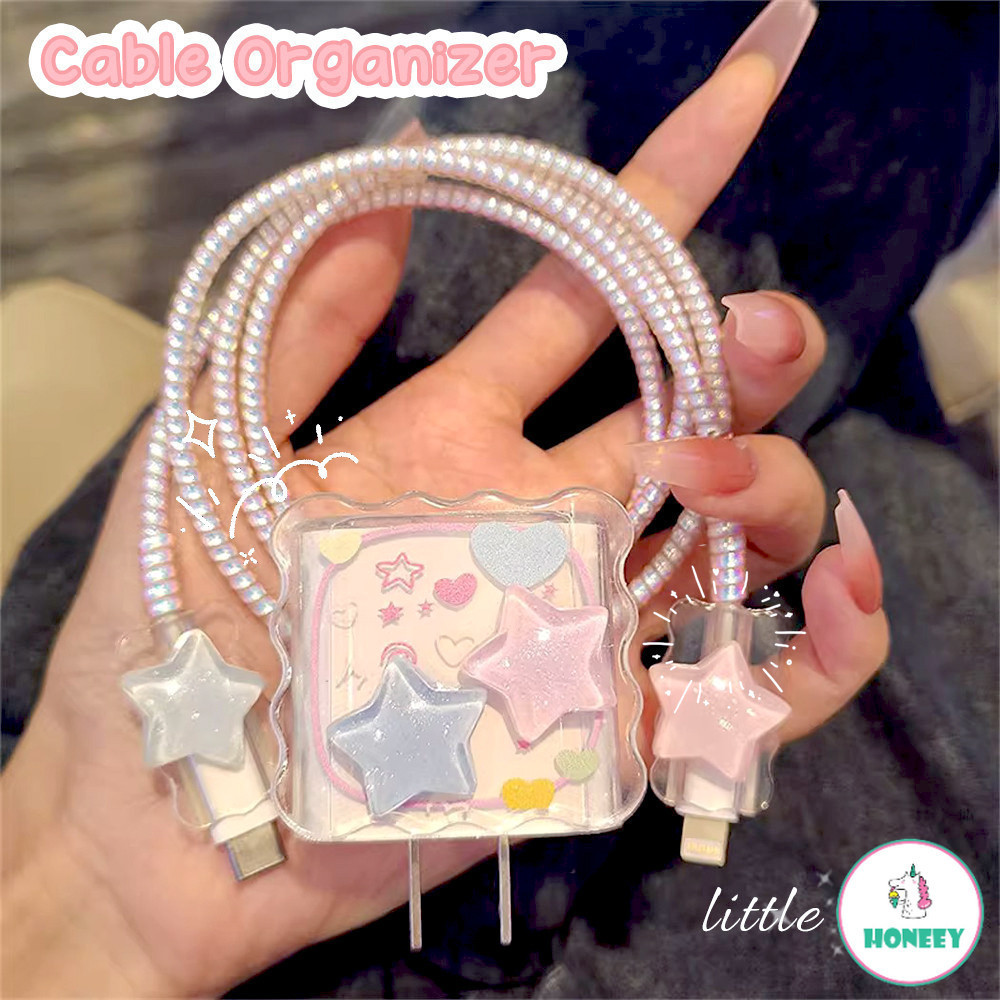 น่ารัก 3D กลิตเตอร์ดาว ใส สาย USB ป้องกัน สําหรับ IPhone 18 / 20W จัดระเบียบ สายชาร์จ สายข้อมูล ที่ม้วนปลั๊ก ปลอดภัย