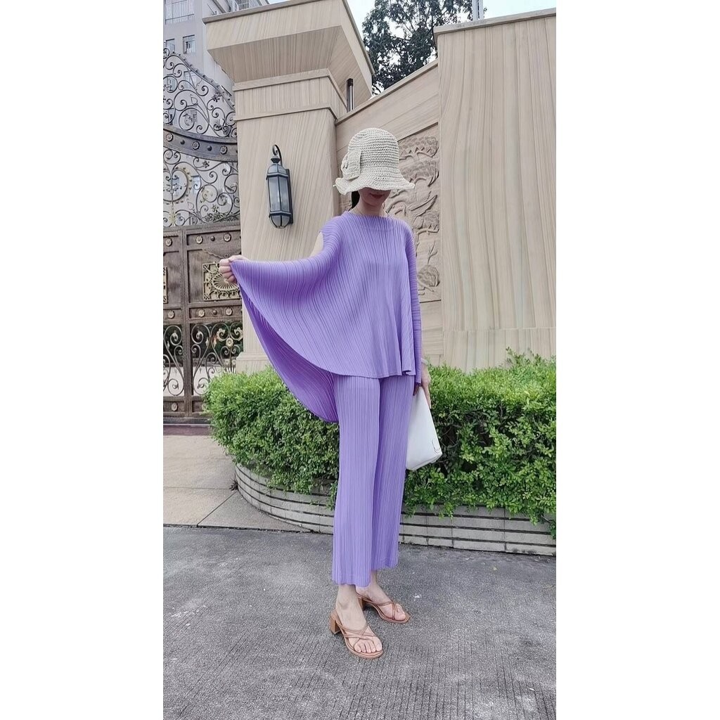 2MUAY รุ่น GJO7268 / GJO7573 เซ็ตพลีทคุณภาพ SLEEVELESS BOW TIE VOLUME TOP WITH PANTS PLEATED SET สีม่วง FREE SIZE