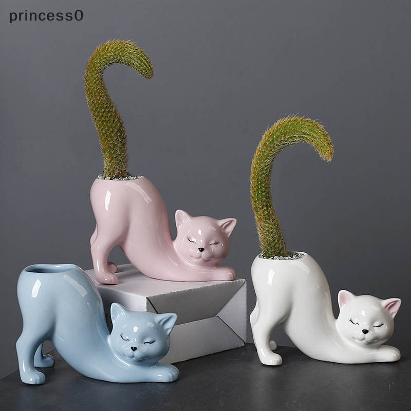 Pri การ์ตูนแมวดอกไม้หม้อแจกันแมวน่ารักหาง ing หม้อ Porcelain แจกันดอกไม้กระถางดอกไม้อุปกรณ์ตกแต่งบ้าน TH