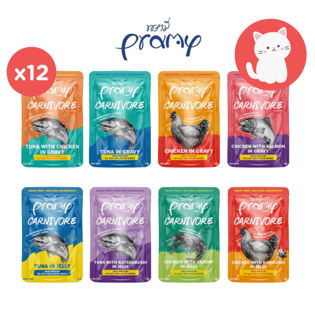 [ยกโหล 12 ซอง][8แบบ] Pramy Carnivore อาหารเปียกแมว เกรดพรีเมี่ยม กลูเตนฟรี ขนาด 70g