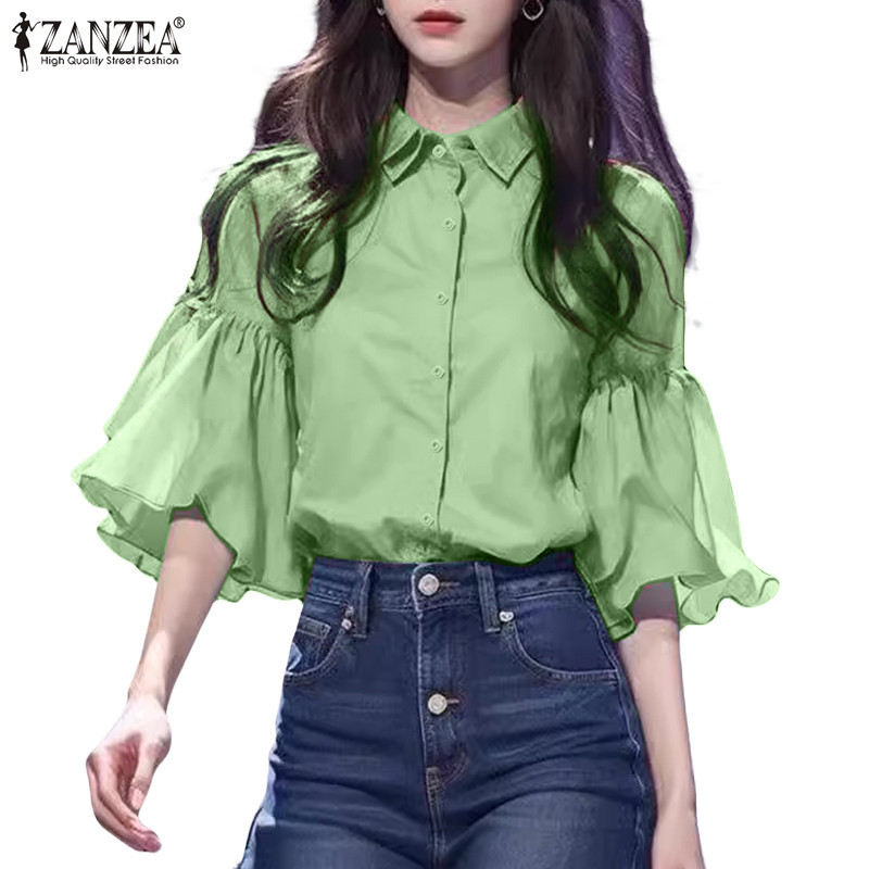 Zanzea ผู ้ หญิงแฟชั ่ นเกาหลี Turn-Down-Collar 3/4 Sleeve Loose Ruffles Shirts