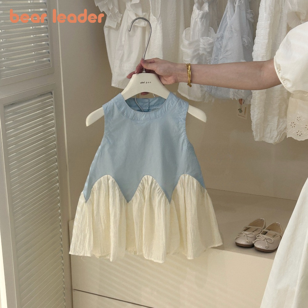 Bear Leader ฤดูร ้ อนสีทึบลูกไม ้ Patchwork ชุดรอบคอแขนกุดสาวเสื ้ อผ ้ าน ่ ารัก Fishtail เด ็ กแฟชั ่ นชุด