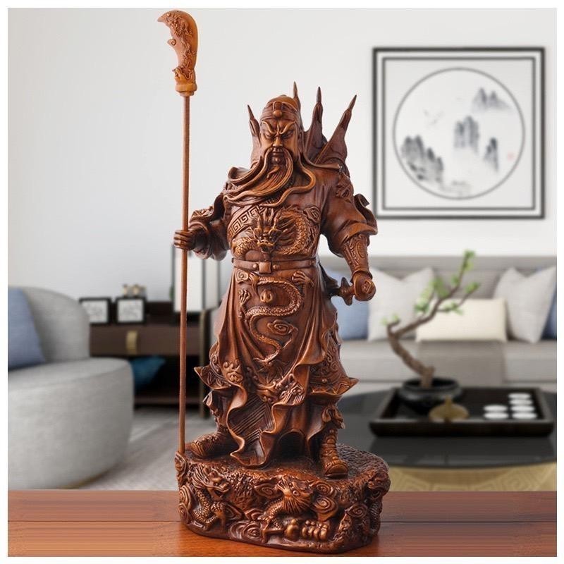 เทพเจ้ากวนอู ปาง 5 ธงยกทัพถือง้าว งานเรซินลายไม้ เสริมหน้าที่การงาน แห่งความมั่งคั่ง