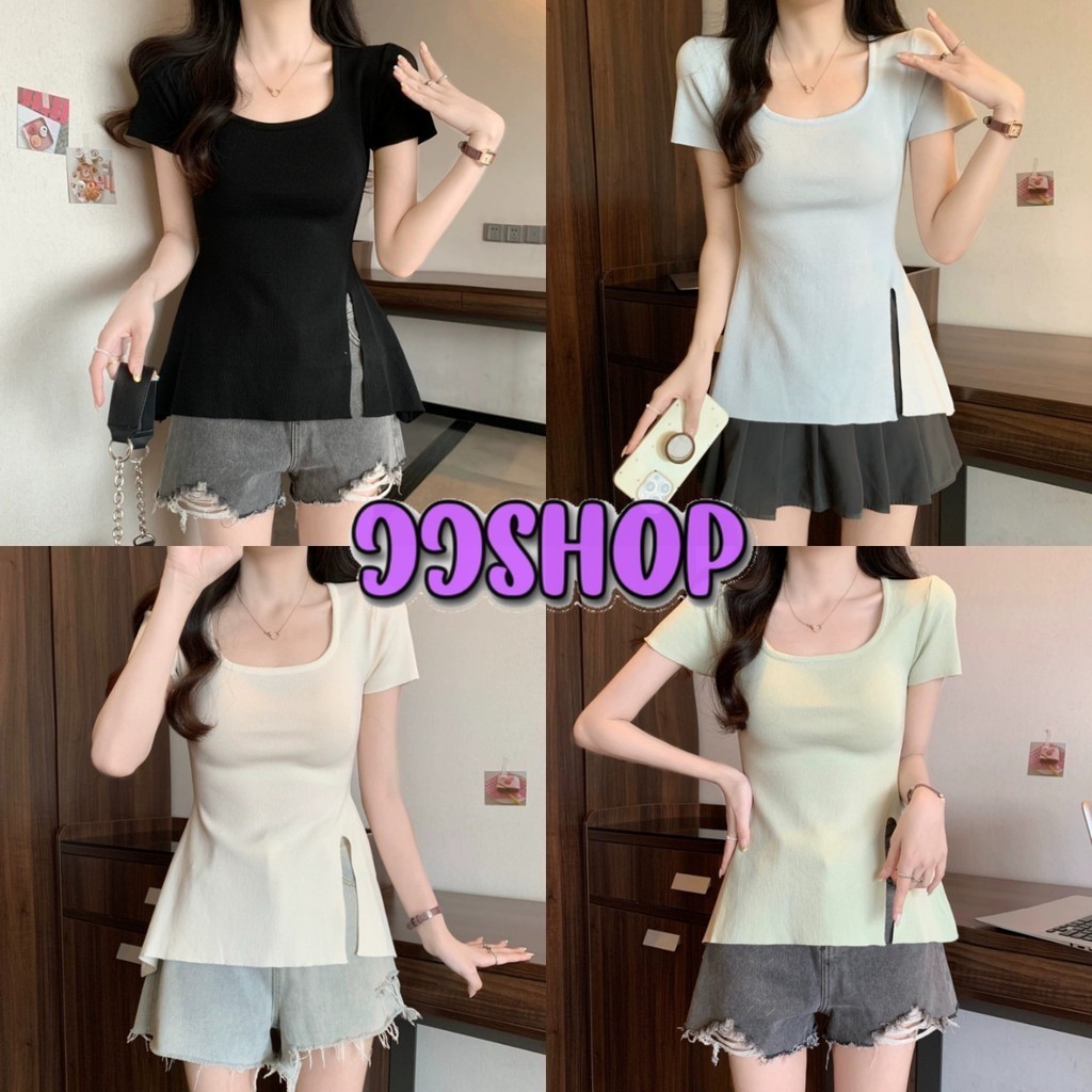 JJ Shop​💜​พร้อมส่ง เสื้อยืดไหมพรมแขนสั้น น่ารักมากสุดๆ คอกลม ดีเทลแหวกข้าง ทรงรัดรูป "D113"